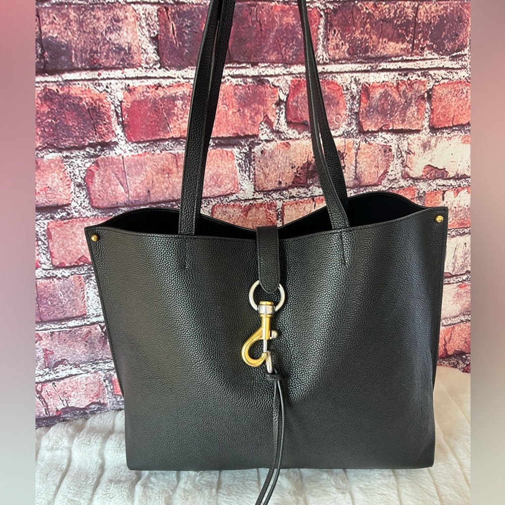 Rebecca Minkoff Black Pebbled Leather Tote Bag Gold Silver Accents